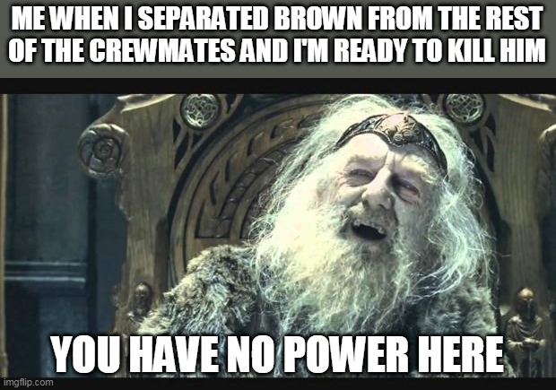One crewmate down, more killing to go | ME WHEN I SEPARATED BROWN FROM THE REST OF THE CREWMATES AND I'M READY TO KILL HIM; YOU HAVE NO POWER HERE | image tagged in you have no power here | made w/ Imgflip meme maker