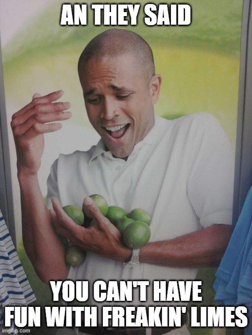 He's having a ball! | AN THEY SAID; YOU CAN'T HAVE FUN WITH FREAKIN' LIMES | image tagged in memes,why can't i hold all these limes,fun,they said | made w/ Imgflip meme maker