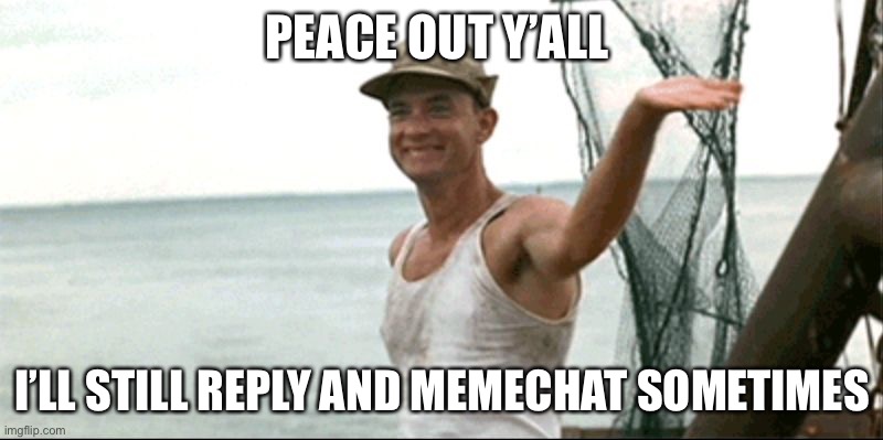 Forest Gump waving | PEACE OUT Y’ALL; I’LL STILL REPLY AND MEMECHAT SOMETIMES | image tagged in forest gump waving | made w/ Imgflip meme maker
