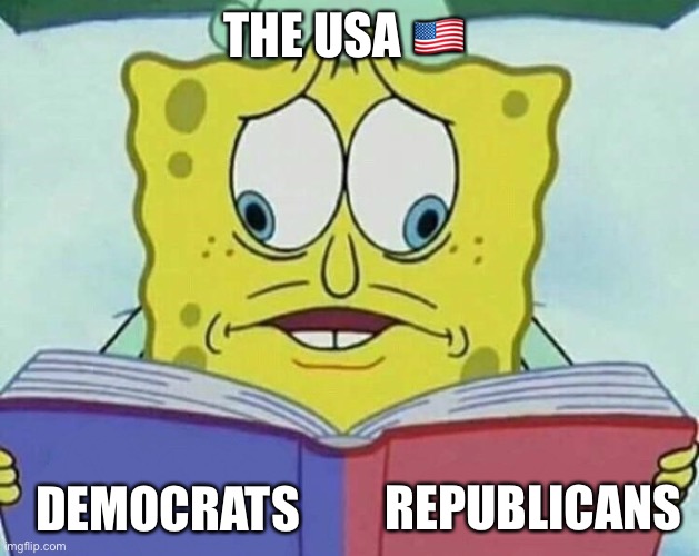 cross eyed spongebob | THE USA 🇺🇸; DEMOCRATS; REPUBLICANS | image tagged in cross eyed spongebob | made w/ Imgflip meme maker