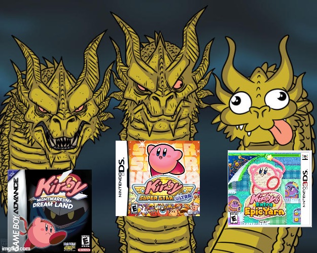 Kirby remakes | image tagged in three-headed dragon,memes,funny | made w/ Imgflip meme maker
