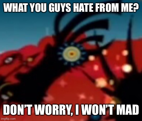 I know you guys hated me on something- | WHAT YOU GUYS HATE FROM ME? DON’T WORRY, I WON’T MAD | made w/ Imgflip meme maker