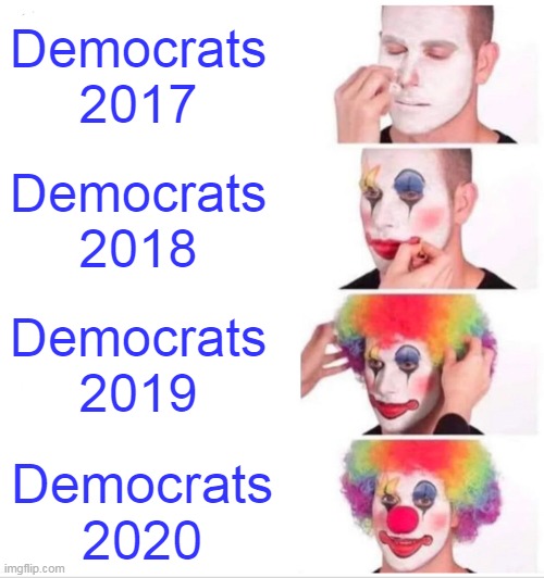 I wonder how 2021 will be like | Democrats 2017; Democrats 2018; Democrats 2019; Democrats 2020 | image tagged in memes,clown applying makeup,democrats,liberals,biden,woke | made w/ Imgflip meme maker