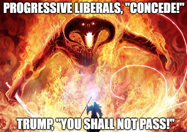 Gandalf Before the Balrog | PROGRESSIVE LIBERALS, "CONCEDE!"; TRUMP, "YOU SHALL NOT PASS!" | image tagged in gandalf you shall not pass,progressive liberals,trump,concede,election 2020 | made w/ Imgflip meme maker