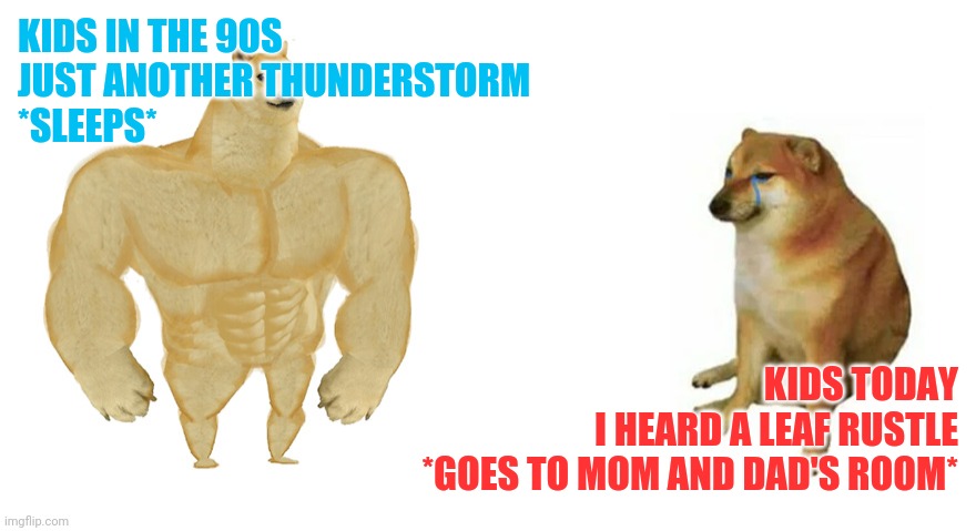 Buff Doge vs Crying Cheems | KIDS IN THE 90S

JUST ANOTHER THUNDERSTORM 
*SLEEPS*; KIDS TODAY

I HEARD A LEAF RUSTLE

*GOES TO MOM AND DAD'S ROOM* | image tagged in buff doge vs crying cheems | made w/ Imgflip meme maker