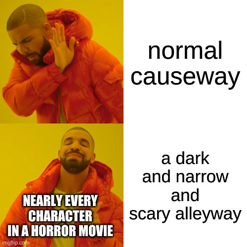 Drake Hotline Bling | normal causeway; a dark and narrow and scary alleyway; NEARLY EVERY CHARACTER IN A HORROR MOVIE | image tagged in memes,drake hotline bling | made w/ Imgflip meme maker
