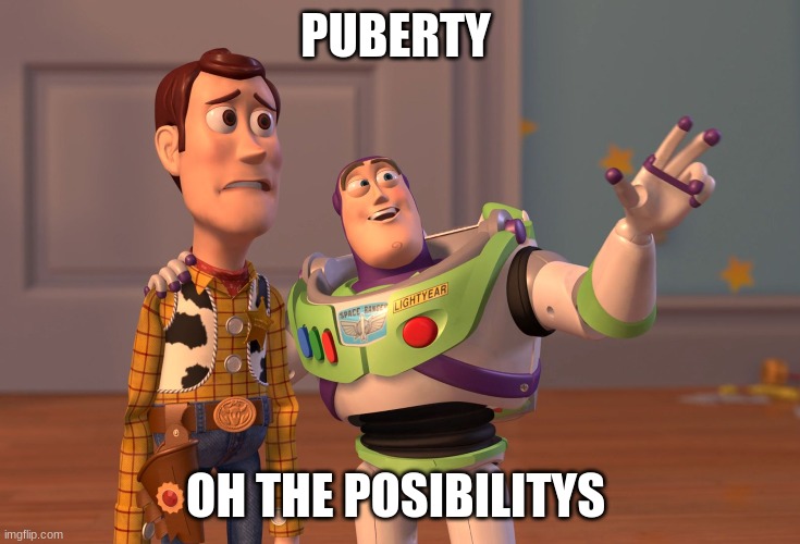 X, X Everywhere | PUBERTY; OH THE POSSIBILITIES | image tagged in memes,x x everywhere | made w/ Imgflip meme maker