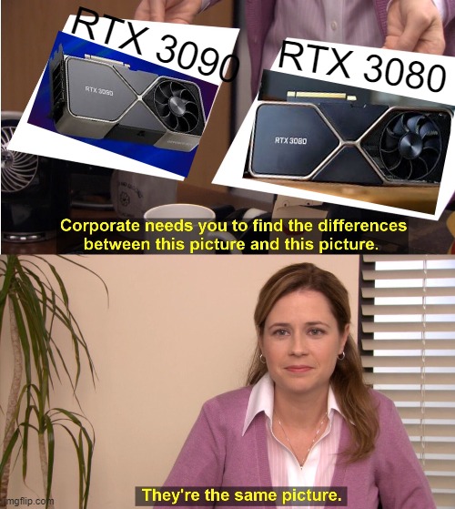 they are tho | RTX 3090; RTX 3080 | image tagged in memes,they're the same picture,rtx3090 meme,rtx 3080 meme,graphic cards | made w/ Imgflip meme maker