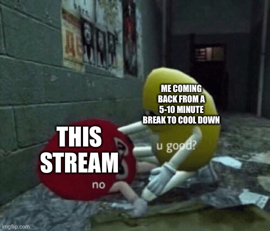 Yes, I know this stream is never ok. | ME COMING BACK FROM A 5-10 MINUTE BREAK TO COOL DOWN; THIS STREAM | image tagged in you good | made w/ Imgflip meme maker