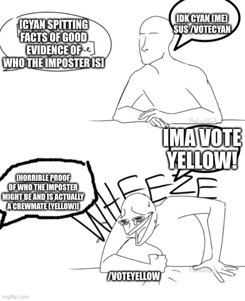 True Story | IDK CYAN (ME) SUS /VOTECYAN; [CYAN SPITTING FACTS OF GOOD EVIDENCE OF WHO THE IMPOSTER IS]; IMA VOTE YELLOW! [HORRIBLE PROOF OF WHO THE IMPOSTER MIGHT BE AND IS ACTUALLY A CREWMATE (YELLOW)]; /VOTEYELLOW | image tagged in wheeze | made w/ Imgflip meme maker