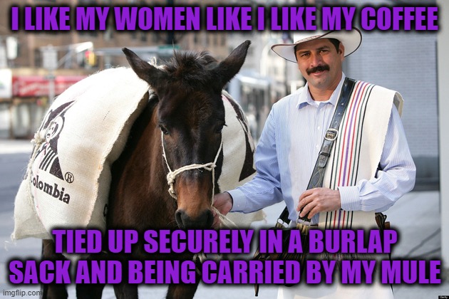 Juan Valdezing ain't easy. | I LIKE MY WOMEN LIKE I LIKE MY COFFEE; TIED UP SECURELY IN A BURLAP SACK AND BEING CARRIED BY MY MULE | image tagged in juan valdez,coffee | made w/ Imgflip meme maker