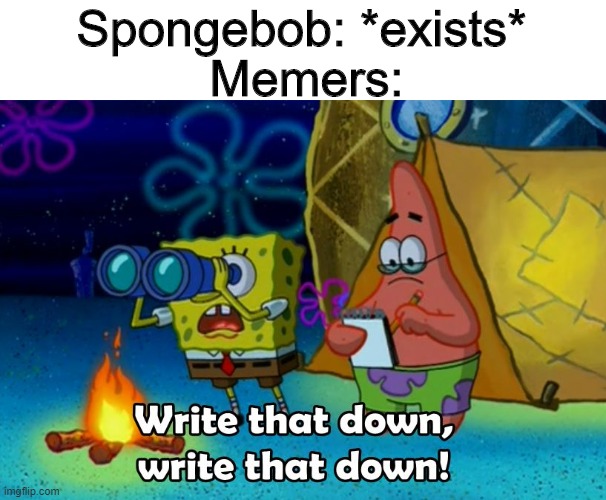 oh, the irony... |  Spongebob: *exists*; Memers: | image tagged in write that down,memers | made w/ Imgflip meme maker