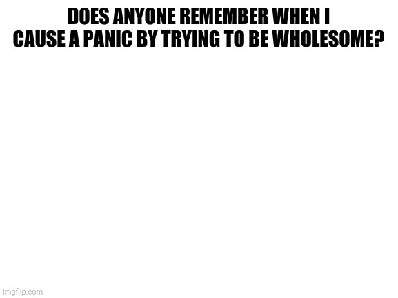 Hmmm | DOES ANYONE REMEMBER WHEN I CAUSE A PANIC BY TRYING TO BE WHOLESOME? | image tagged in blank white template | made w/ Imgflip meme maker