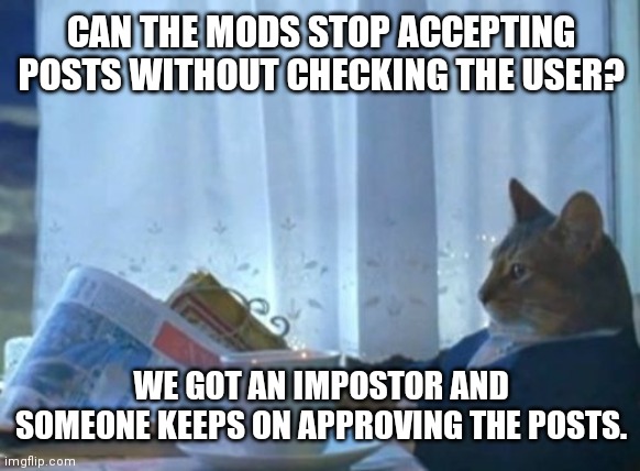 I Should Buy A Boat Cat | CAN THE MODS STOP ACCEPTING POSTS WITHOUT CHECKING THE USER? WE GOT AN IMPOSTOR AND SOMEONE KEEPS ON APPROVING THE POSTS. | made w/ Imgflip meme maker