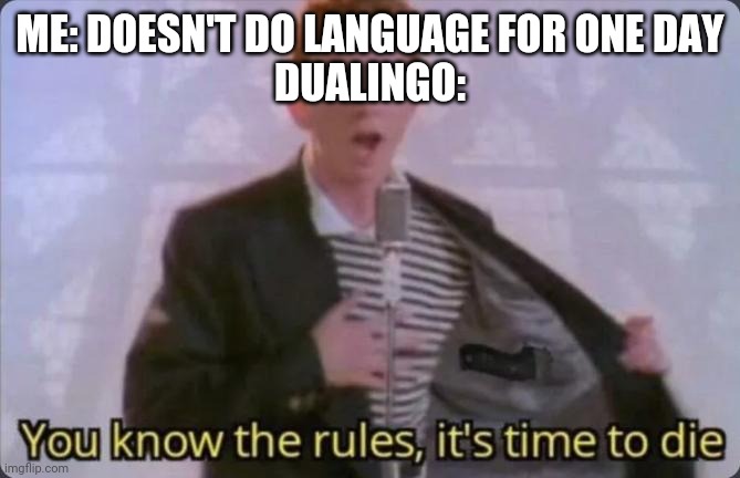 Dualongo meme | ME: DOESN'T DO LANGUAGE FOR ONE DAY
DUALINGO: | image tagged in you know the rules it's time to die | made w/ Imgflip meme maker