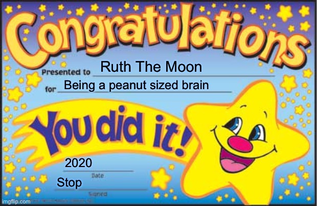 Happy Star Congratulations | Ruth The Moon; Being a peanut sized brain; 2020; Stop | image tagged in memes,happy star congratulations | made w/ Imgflip meme maker