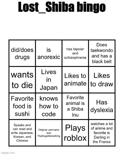 Lost_Shiba Bingo | Lost_Shiba bingo | image tagged in only _laymedownintheriver_ will get a good score,oh wow are you actually reading these tags | made w/ Imgflip meme maker