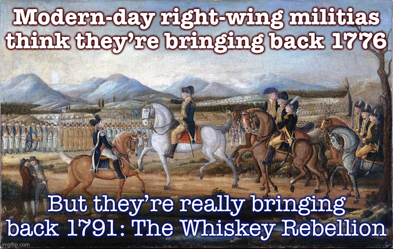 Remember when Washington crushed a band of frontier rebels who resisted federal authority & collection of taxes? That was fun. | Modern-day right-wing militias think they’re bringing back 1776; But they’re really bringing back 1791: The Whiskey Rebellion | image tagged in george washington whiskey rebellion,historical meme,history,historical,taxes,militia | made w/ Imgflip meme maker