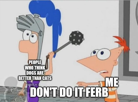 Not Yet Ferb | PEOPLE WHO THINK DOGS ARE BETTER THAN CATS DON'T DO IT FERB ME | image tagged in not yet ferb | made w/ Imgflip meme maker