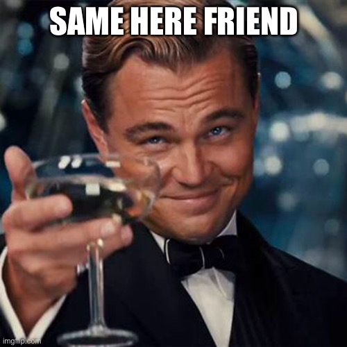 Dicaprio Toast Weekend Bro | SAME HERE FRIEND | image tagged in dicaprio toast weekend bro | made w/ Imgflip meme maker