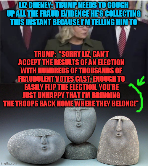 Well sh**, it's not like she didn't have it coming  ;-) | LIZ CHENEY:  TRUMP NEEDS TO COUGH UP ALL THE FRAUD EVIDENCE HE'S COLLECTING THIS INSTANT BECAUSE I'M TELLING HIM TO; TRUMP:  "SORRY LIZ, CAN’T ACCEPT THE RESULTS OF AN ELECTION WITH HUNDREDS OF THOUSANDS OF FRAUDULENT VOTES CAST, ENOUGH TO EASILY FLIP THE ELECTION. YOU’RE JUST UNHAPPY THAT I’M BRINGING THE TROOPS BACK HOME WHERE THEY BELONG!" | image tagged in oof stones,trump 2020,election 2020 | made w/ Imgflip meme maker
