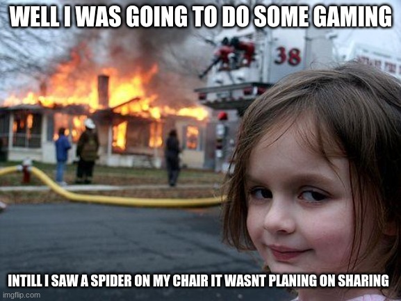 Disaster Girl | WELL I WAS GOING TO DO SOME GAMING; INTILL I SAW A SPIDER ON MY CHAIR IT WASNT PLANING ON SHARING | image tagged in memes,disaster girl | made w/ Imgflip meme maker