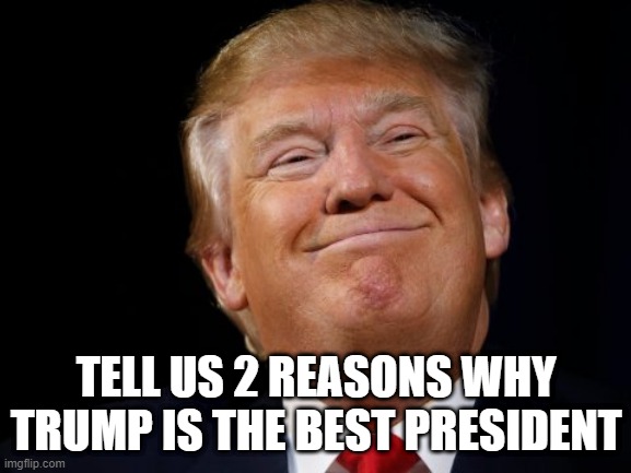 Smug Trump | TELL US 2 REASONS WHY TRUMP IS THE BEST PRESIDENT | image tagged in smug trump | made w/ Imgflip meme maker