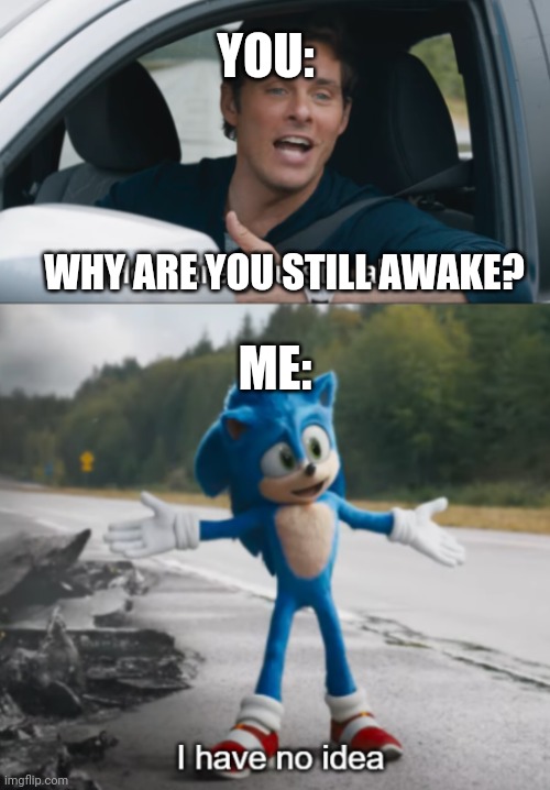Sonic : How are you still alive | YOU:; ME:; WHY ARE YOU STILL AWAKE? | image tagged in sonic how are you still alive | made w/ Imgflip meme maker