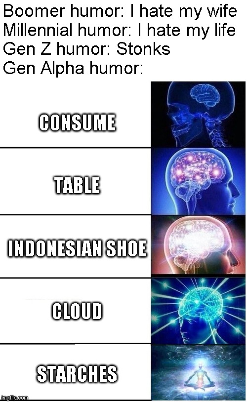 Gen Alpha in 2030 prediction | Boomer humor: I hate my wife
Millennial humor: I hate my life
Gen Z humor: Stonks
Gen Alpha humor:; CONSUME
 
 
TABLE
 
 
INDONESIAN SHOE
 
 
CLOUD
 
 
STARCHES | image tagged in expanding brain 5 panel,gen z,memes | made w/ Imgflip meme maker