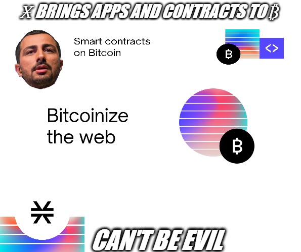 Ӿ BRINGS APPS AND CONTRACTS TO ₿; CAN'T BE EVIL | made w/ Imgflip meme maker