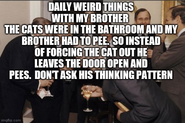 Laughing Men In Suits | DAILY WEIRD THINGS WITH MY BROTHER 
THE CATS WERE IN THE BATHROOM AND MY BROTHER HAD TO PEE.  SO INSTEAD OF FORCING THE CAT OUT HE LEAVES THE DOOR OPEN AND PEES.  DON'T ASK HIS THINKING PATTERN | image tagged in memes,laughing men in suits | made w/ Imgflip meme maker