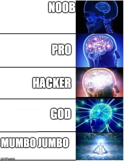 Minecraft | NOOB; PRO; HACKER; GOD; MUMBO JUMBO | image tagged in expanding brain 5 panel | made w/ Imgflip meme maker