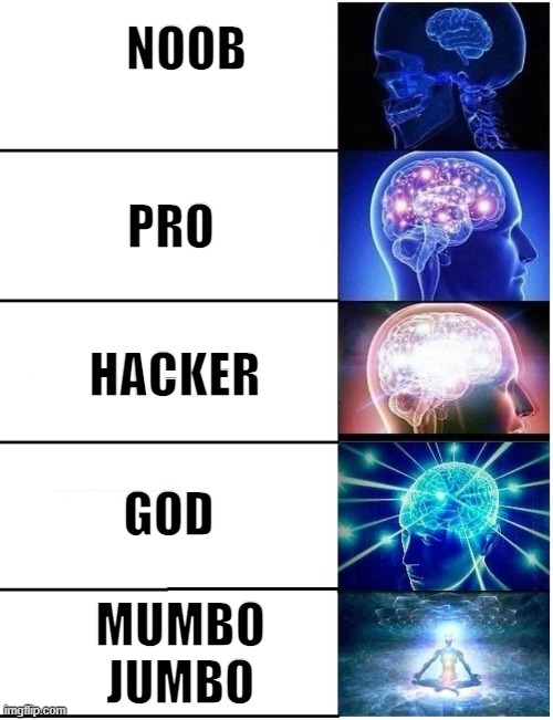 LOL | NOOB; PRO; HACKER; GOD; MUMBO JUMBO | image tagged in expanding brain 5 panel | made w/ Imgflip meme maker