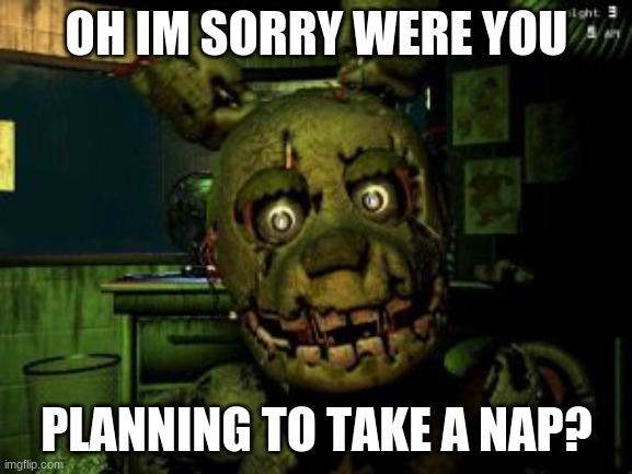 fnaf | OH IM SORRY WERE YOU; PLANNING TO TAKE A NAP? | image tagged in fnaf | made w/ Imgflip meme maker