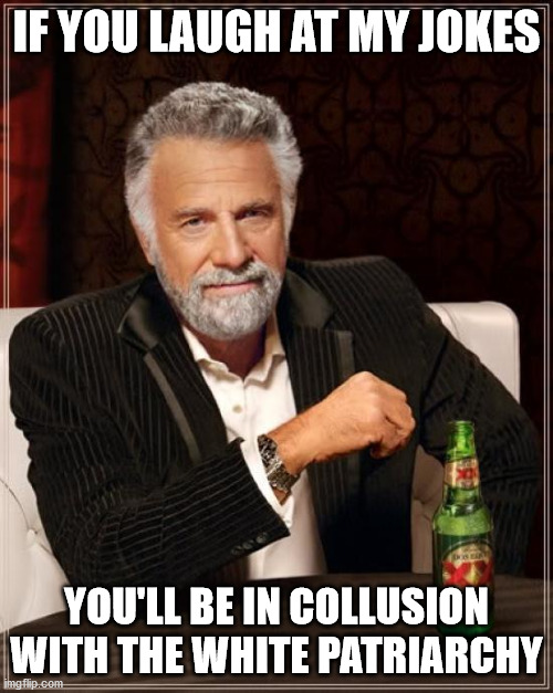 The Most Interesting Man In The World | IF YOU LAUGH AT MY JOKES; YOU'LL BE IN COLLUSION WITH THE WHITE PATRIARCHY | image tagged in memes,the most interesting man in the world | made w/ Imgflip meme maker