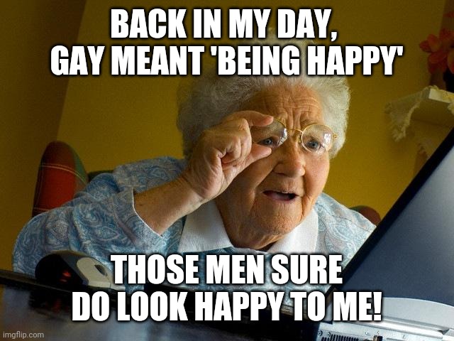 Grandma Finds The Internet Meme | BACK IN MY DAY, 
GAY MEANT 'BEING HAPPY'; THOSE MEN SURE DO LOOK HAPPY TO ME! | image tagged in memes,grandma finds the internet | made w/ Imgflip meme maker