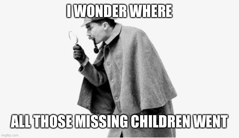 no shit sherlock  | I WONDER WHERE ALL THOSE MISSING CHILDREN WENT | image tagged in no shit sherlock | made w/ Imgflip meme maker