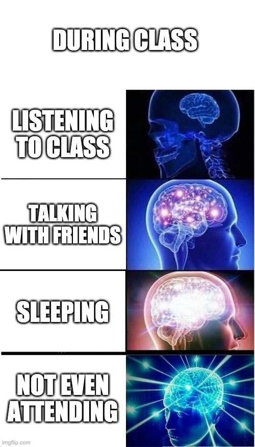 Expanding Brain Meme | DURING CLASS; LISTENING TO CLASS; TALKING WITH FRIENDS; SLEEPING; NOT EVEN ATTENDING | image tagged in memes,expanding brain | made w/ Imgflip meme maker