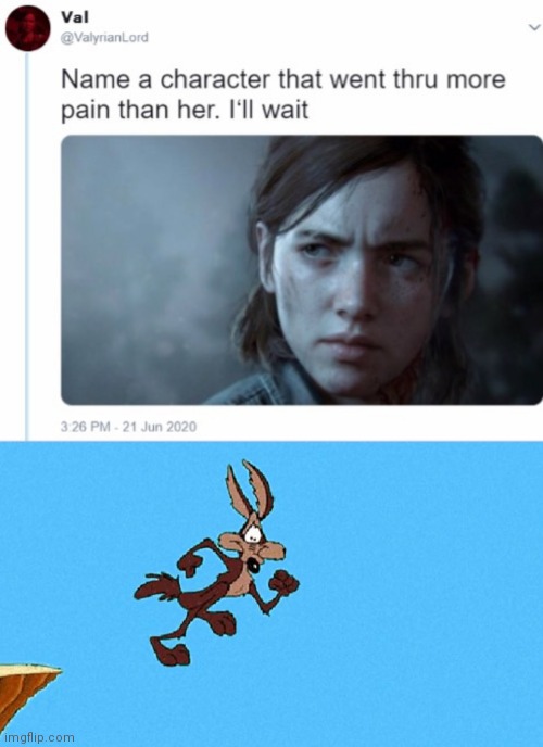 name a character gone thru more pain | image tagged in wile e coyote | made w/ Imgflip meme maker