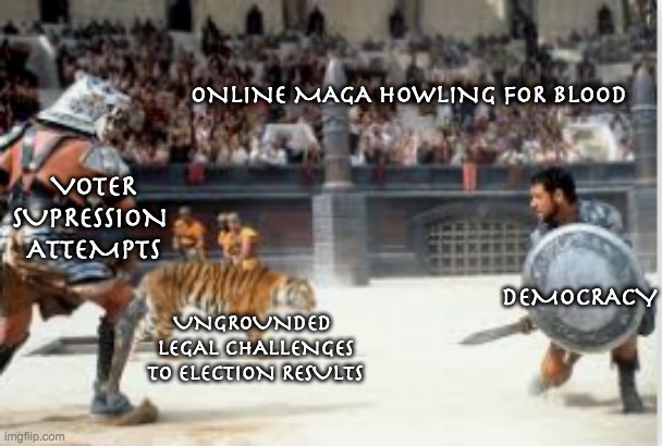 This "Bread and Circus" gig isn't all wine and roses. Just when you think you've got the Samnite, here come the tigers | ONLINE MAGA HOWLING FOR BLOOD; VOTER SUPRESSION 
ATTEMPTS; DEMOCRACY; UNGROUNDED 
LEGAL CHALLENGES TO ELECTION RESULTS | image tagged in election,election 2020,gladiator | made w/ Imgflip meme maker