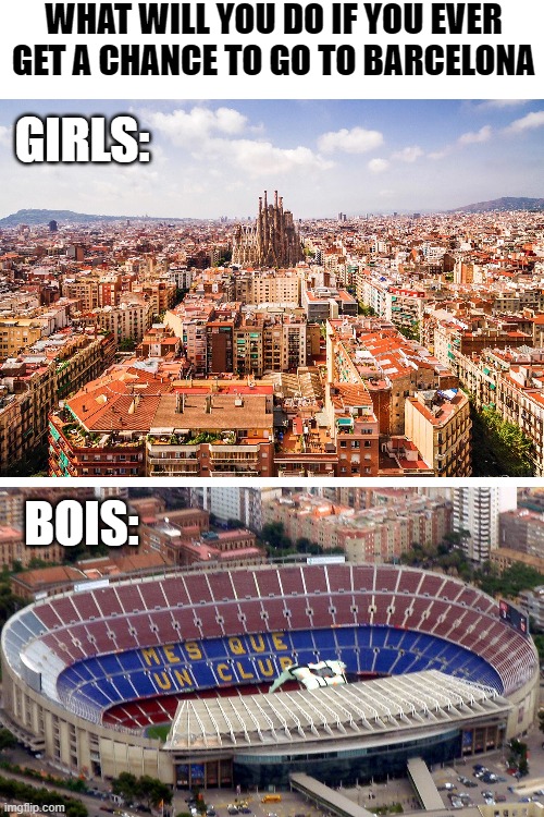 Blank Transparent Square Meme | WHAT WILL YOU DO IF YOU EVER GET A CHANCE TO GO TO BARCELONA; GIRLS:; BOIS: | image tagged in memes,blank transparent square | made w/ Imgflip meme maker