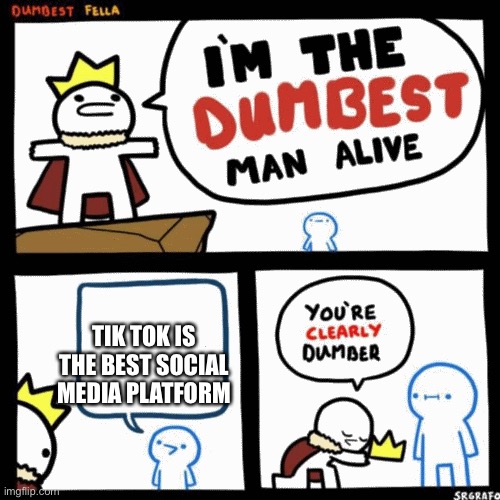 Idoit detected | TIK TOK IS THE BEST SOCIAL MEDIA PLATFORM | image tagged in i'm the dumbest man alive,tiktok,tik tok sucks | made w/ Imgflip meme maker