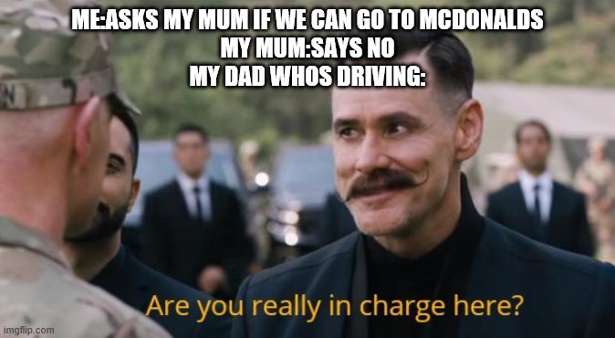 Are you really in charge here? |  ME:ASKS MY MUM IF WE CAN GO TO MCDONALDS
MY MUM:SAYS NO
MY DAD WHOS DRIVING: | image tagged in are you really in charge here | made w/ Imgflip meme maker