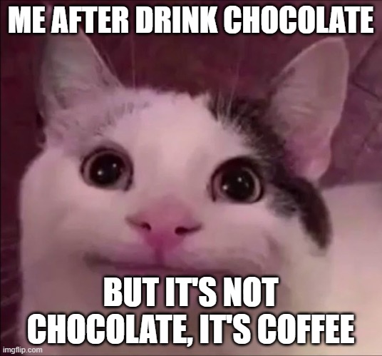 Awkward Smile Cat |  ME AFTER DRINK CHOCOLATE; BUT IT'S NOT CHOCOLATE, IT'S COFFEE | image tagged in awkward smile cat | made w/ Imgflip meme maker