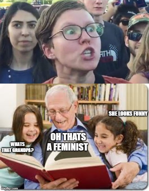 SHE LOOKS FUNNY; WHATS THAT GRANDPA? OH THATS A FEMINIST | image tagged in memes,storytelling grandpa | made w/ Imgflip meme maker