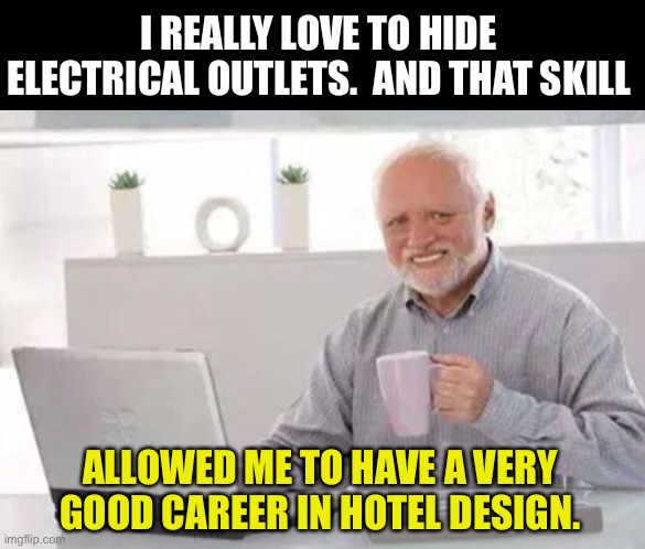 Hide the outlet | I REALLY LOVE TO HIDE ELECTRICAL OUTLETS.  AND THAT SKILL; ALLOWED ME TO HAVE A VERY GOOD CAREER IN HOTEL DESIGN. | image tagged in harold | made w/ Imgflip meme maker