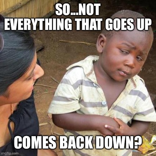Third World Skeptical Kid Meme | SO...NOT EVERYTHING THAT GOES UP COMES BACK DOWN? | image tagged in memes,third world skeptical kid | made w/ Imgflip meme maker