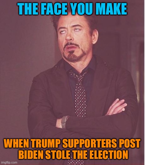 So sick of the conspiracy driven lies of voter fraud those Trump supporters cling to | THE FACE YOU MAKE; WHEN TRUMP SUPPORTERS POST
 BIDEN STOLE THE ELECTION | image tagged in memes,face you make robert downey jr,donald trump,voter fraud,election 2020,lies | made w/ Imgflip meme maker