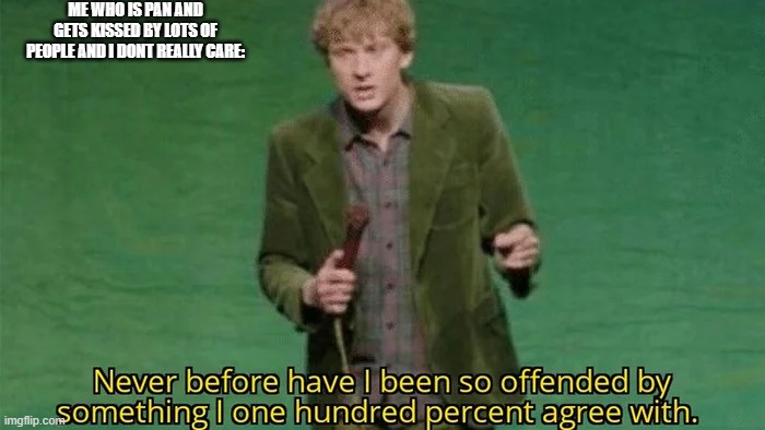 Never have i been so offended | ME WHO IS PAN AND GETS KISSED BY LOTS OF PEOPLE AND I DONT REALLY CARE: | image tagged in never have i been so offended | made w/ Imgflip meme maker