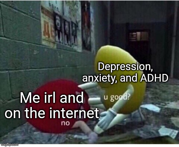 Me sometimes, especially irl |  Depression, anxiety, and ADHD; Me irl and on the internet | image tagged in u good no,depression,anxiety,memes,meme,depressed | made w/ Imgflip meme maker